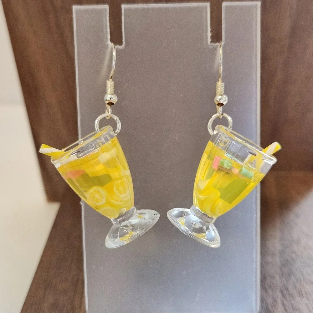 Handmade Yellow Lemonade Glass Drink Earrings Miniature Food Dangle Drops Summer